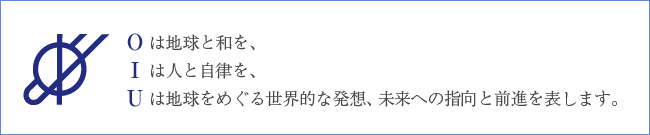 Ｏは地球と和を、Ｉは人と自律を、Ｕは地球をめぐる世界的な発想、未来への指向と前進を表します。